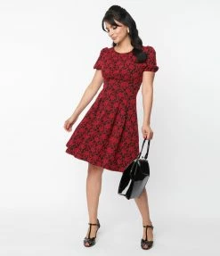 Clothing Unique Vintage Flocked Burgundy Floral Flare Dress