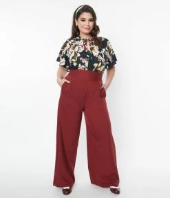 Unique Vintage Plus Size Burgundy High Waist Pants