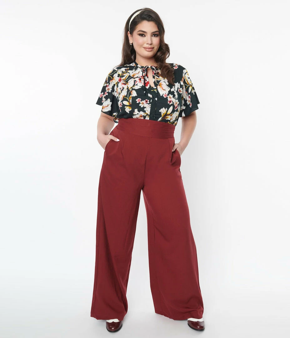 Unique Vintage Plus Size Burgundy High Waist Pants