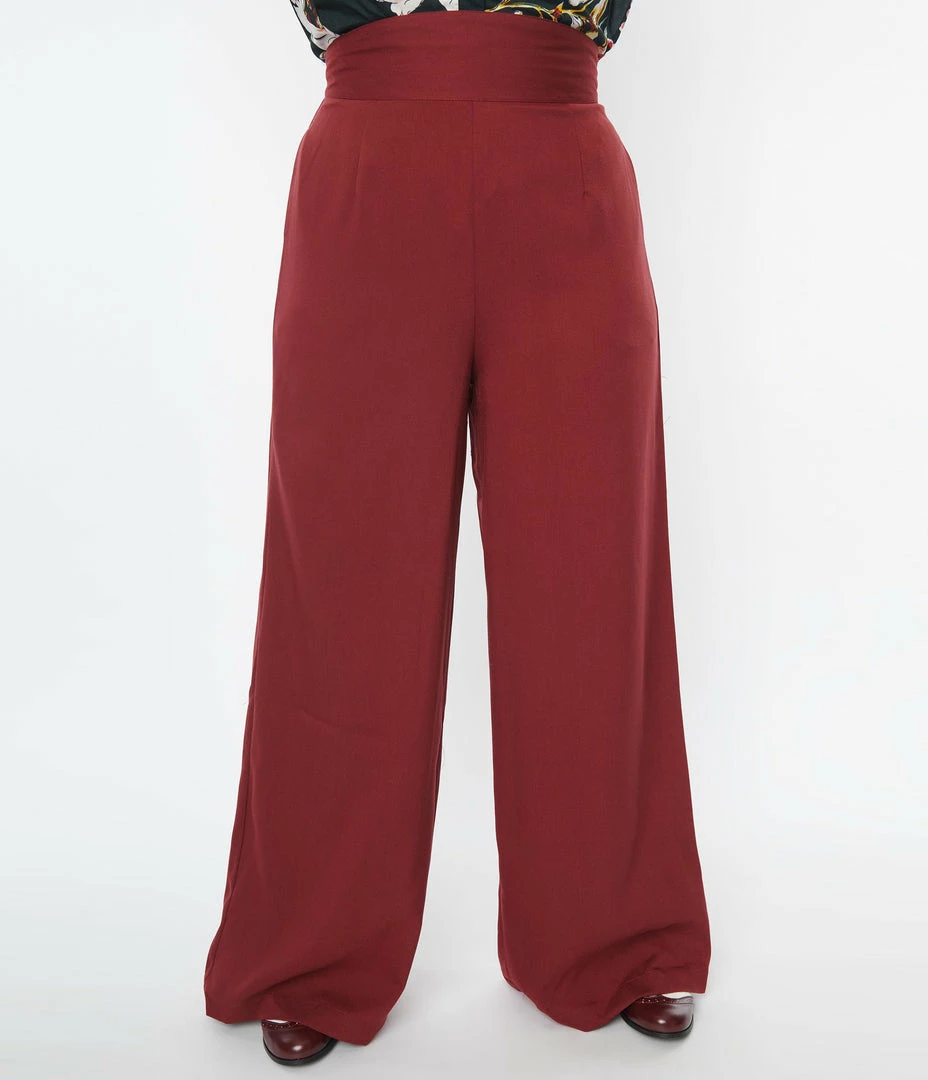 Unique Vintage Plus Size Burgundy High Waist Pants