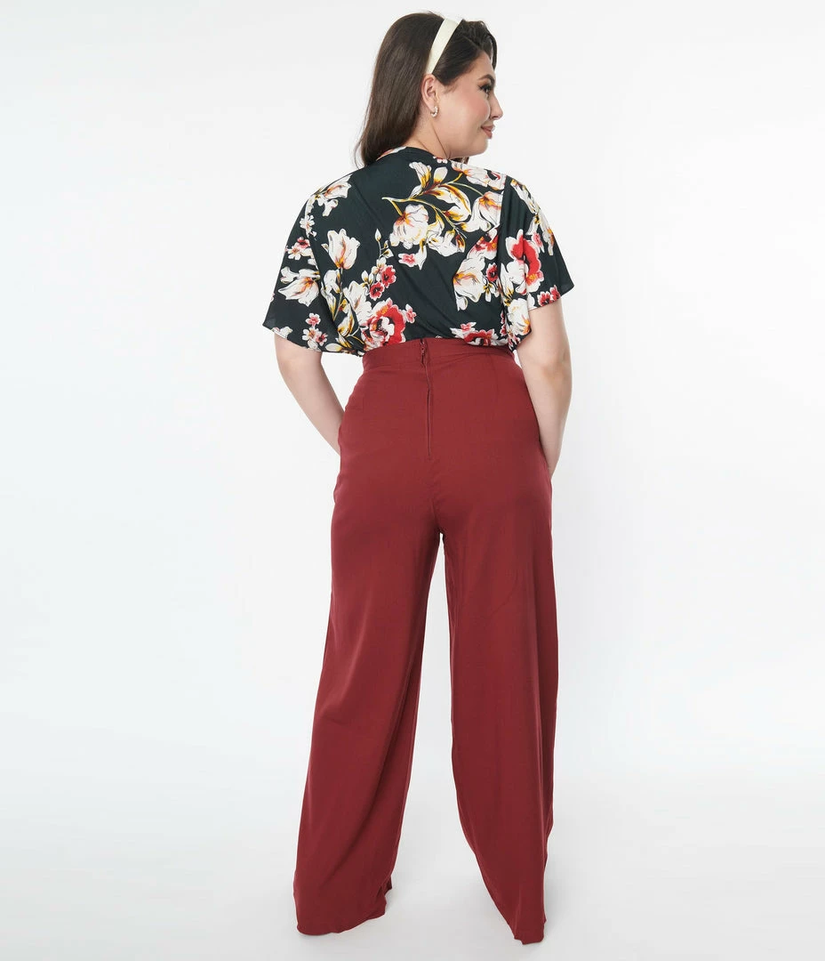 Unique Vintage Plus Size Burgundy High Waist Pants