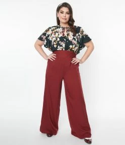 Unique Vintage Plus Size Burgundy High Waist Pants