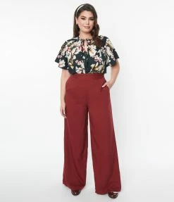 Unique Vintage Plus Size Burgundy High Waist Pants