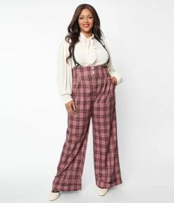 Unique Vintage Plus Size Burgundy & Grey Plaid Thelma Suspender Pants