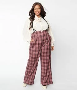 Unique Vintage Plus Size Burgundy & Grey Plaid Thelma Suspender Pants