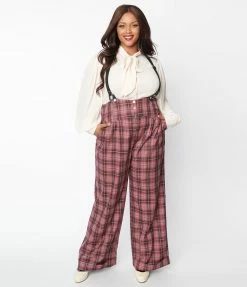 Unique Vintage Plus Size Burgundy & Grey Plaid Thelma Suspender Pants