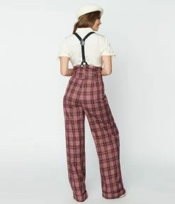 Unique Vintage Burgundy & Grey Plaid Thelma Suspender Pants
