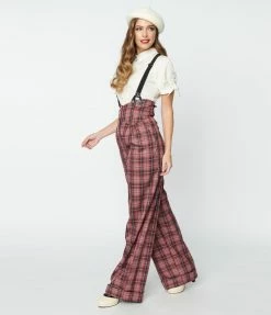 Unique Vintage Burgundy & Grey Plaid Thelma Suspender Pants