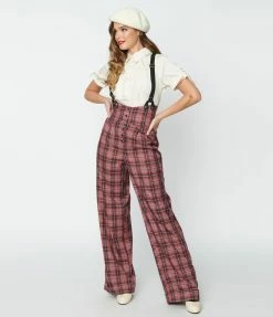 Unique Vintage Burgundy & Grey Plaid Thelma Suspender Pants