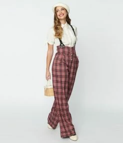 Unique Vintage Burgundy & Grey Plaid Thelma Suspender Pants