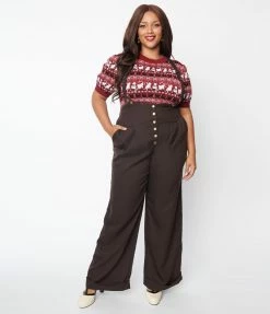 Unique Vintage Plus Size Brown Thelma Suspender Pants