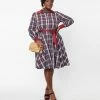 Unique Vintage Plus Size Navy & Burgundy Plaid Shirtdress
