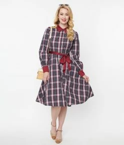 Unique Vintage Navy & Burgundy Plaid Shirtdress New Arrivals!