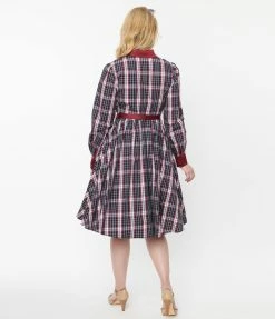 Unique Vintage Navy & Burgundy Plaid Shirtdress New Arrivals!