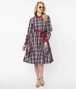 Unique Vintage Navy & Burgundy Plaid Shirtdress New Arrivals!
