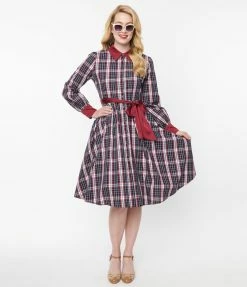 Unique Vintage Navy & Burgundy Plaid Shirtdress New Arrivals!