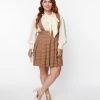 New Arrivals! Unique Vintage Plus Size Brown Tweed Plaid Pleated Suspender Mini Skirt