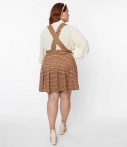 New Arrivals! Unique Vintage Plus Size Brown Tweed Plaid Pleated Suspender Mini Skirt
