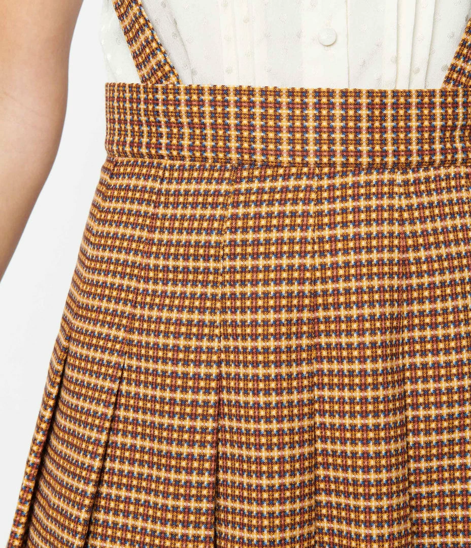 Unique Vintage Brown Tweed Plaid Pleated Suspender Mini Skirt