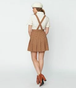 Unique Vintage Brown Tweed Plaid Pleated Suspender Mini Skirt