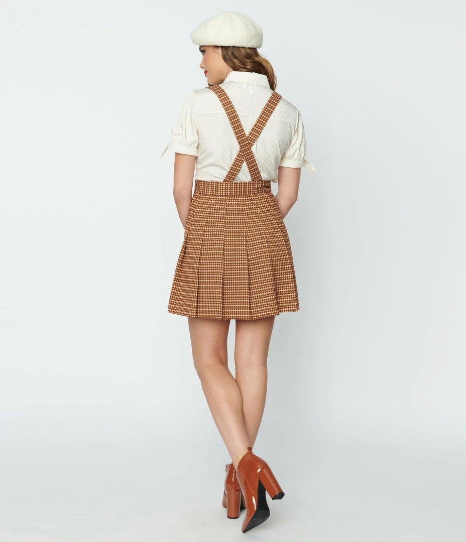 Unique Vintage Brown Tweed Plaid Pleated Suspender Mini Skirt