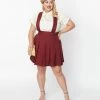 Unique Vintage Plus Size Burgundy Pleated Suspender Skirt Clothing