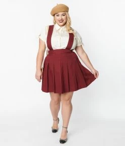 Unique Vintage Plus Size Burgundy Pleated Suspender Skirt Clothing