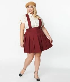 Unique Vintage Plus Size Burgundy Pleated Suspender Skirt Clothing
