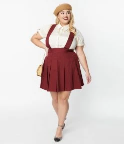 Unique Vintage Plus Size Burgundy Pleated Suspender Skirt Clothing