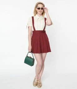 New Arrivals! Unique Vintage Burgundy Pleated Suspender Skirt