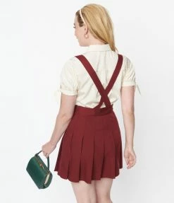 New Arrivals! Unique Vintage Burgundy Pleated Suspender Skirt