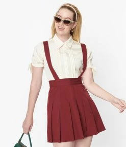 New Arrivals! Unique Vintage Burgundy Pleated Suspender Skirt