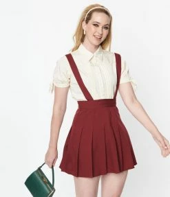 New Arrivals! Unique Vintage Burgundy Pleated Suspender Skirt