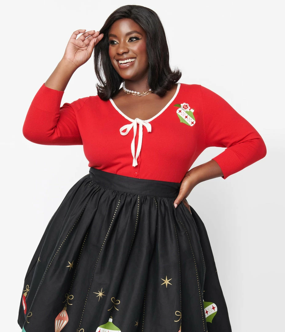 Unique Vintage Plus Size Red & Ornament Accent Dandy Cardigan