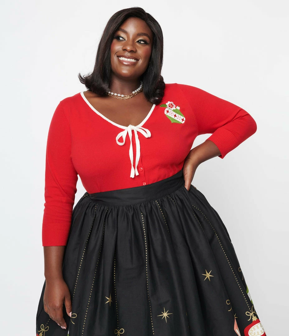 Unique Vintage Plus Size Red & Ornament Accent Dandy Cardigan