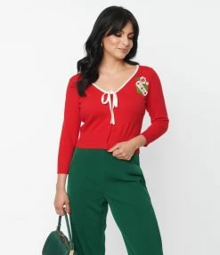 Clothing Unique Vintage Red & Ornament Accent Dandy Cardigan