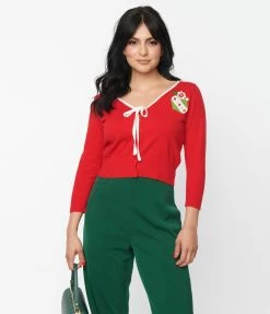 Clothing Unique Vintage Red & Ornament Accent Dandy Cardigan