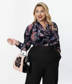 Unique Vintage Plus Size Black Floral Velvet Friday Night Bodysuit New Arrivals!