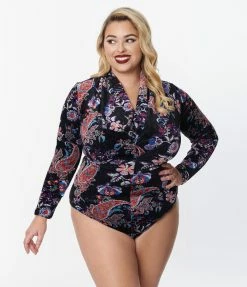 Unique Vintage Plus Size Black Floral Velvet Friday Night Bodysuit New Arrivals!