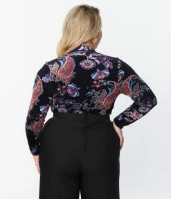 Unique Vintage Plus Size Black Floral Velvet Friday Night Bodysuit New Arrivals!