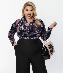 Unique Vintage Plus Size Black Floral Velvet Friday Night Bodysuit New Arrivals!