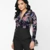 Unique Vintage Black Textured Velvet Floral Gathered Neckline Friday Night Bodysuit