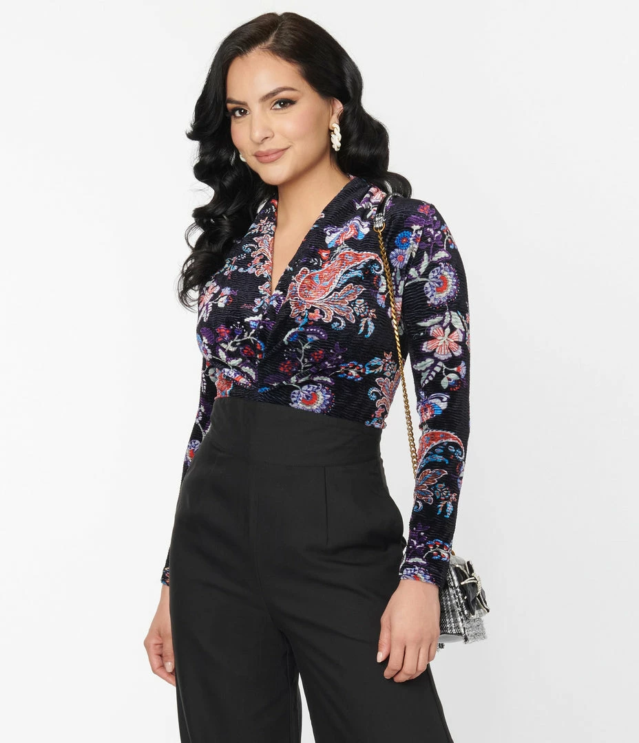Unique Vintage Black Textured Velvet Floral Gathered Neckline Friday Night Bodysuit