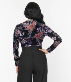 Unique Vintage Black Textured Velvet Floral Gathered Neckline Friday Night Bodysuit
