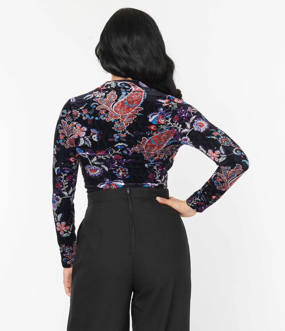Unique Vintage Black Textured Velvet Floral Gathered Neckline Friday Night Bodysuit