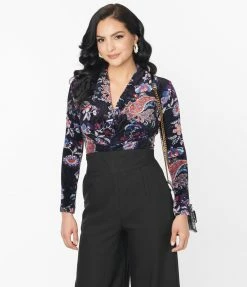 Unique Vintage Black Textured Velvet Floral Gathered Neckline Friday Night Bodysuit