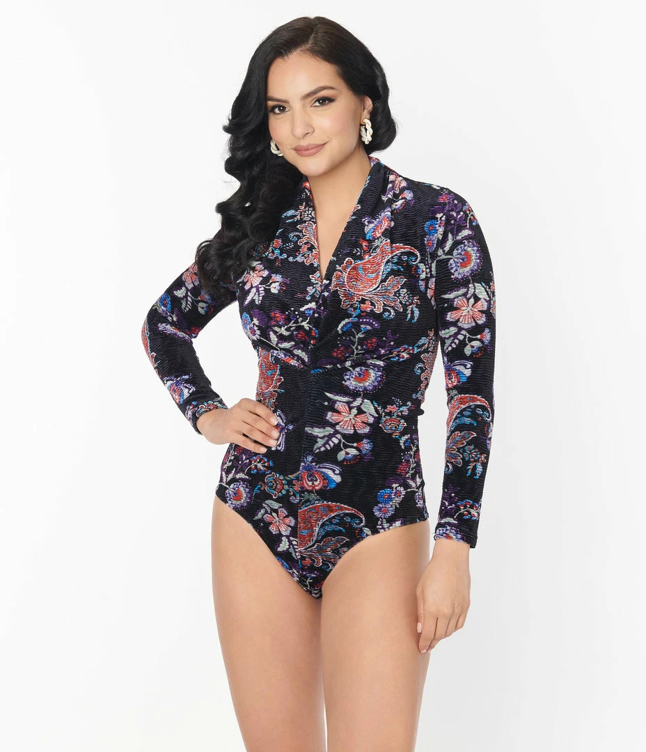 Unique Vintage Black Textured Velvet Floral Gathered Neckline Friday Night Bodysuit