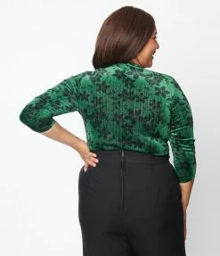 Unique Vintage Plus Size Green Floral Velvet Friday Night Bodysuit