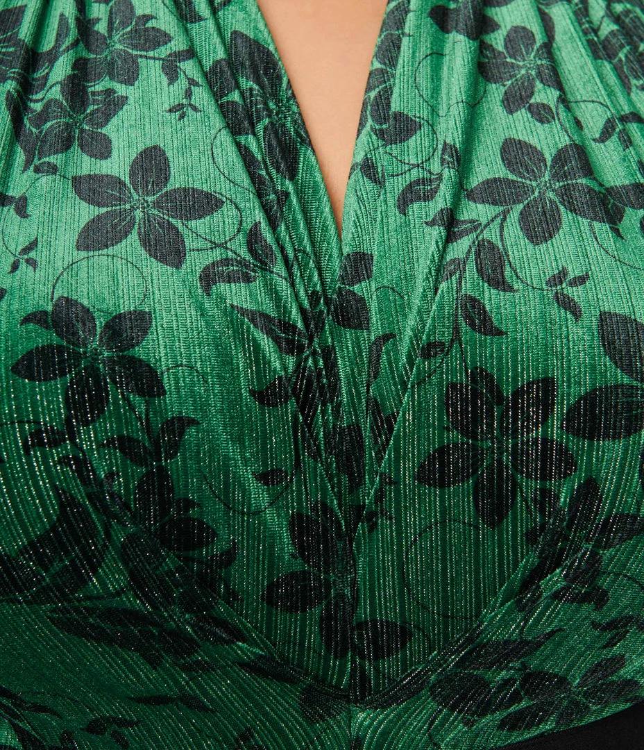 Unique Vintage Plus Size Green Floral Velvet Friday Night Bodysuit