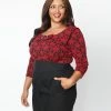 Unique Vintage Plus Size Black & Red Floral Wide Collar & Bow Top New Arrivals!